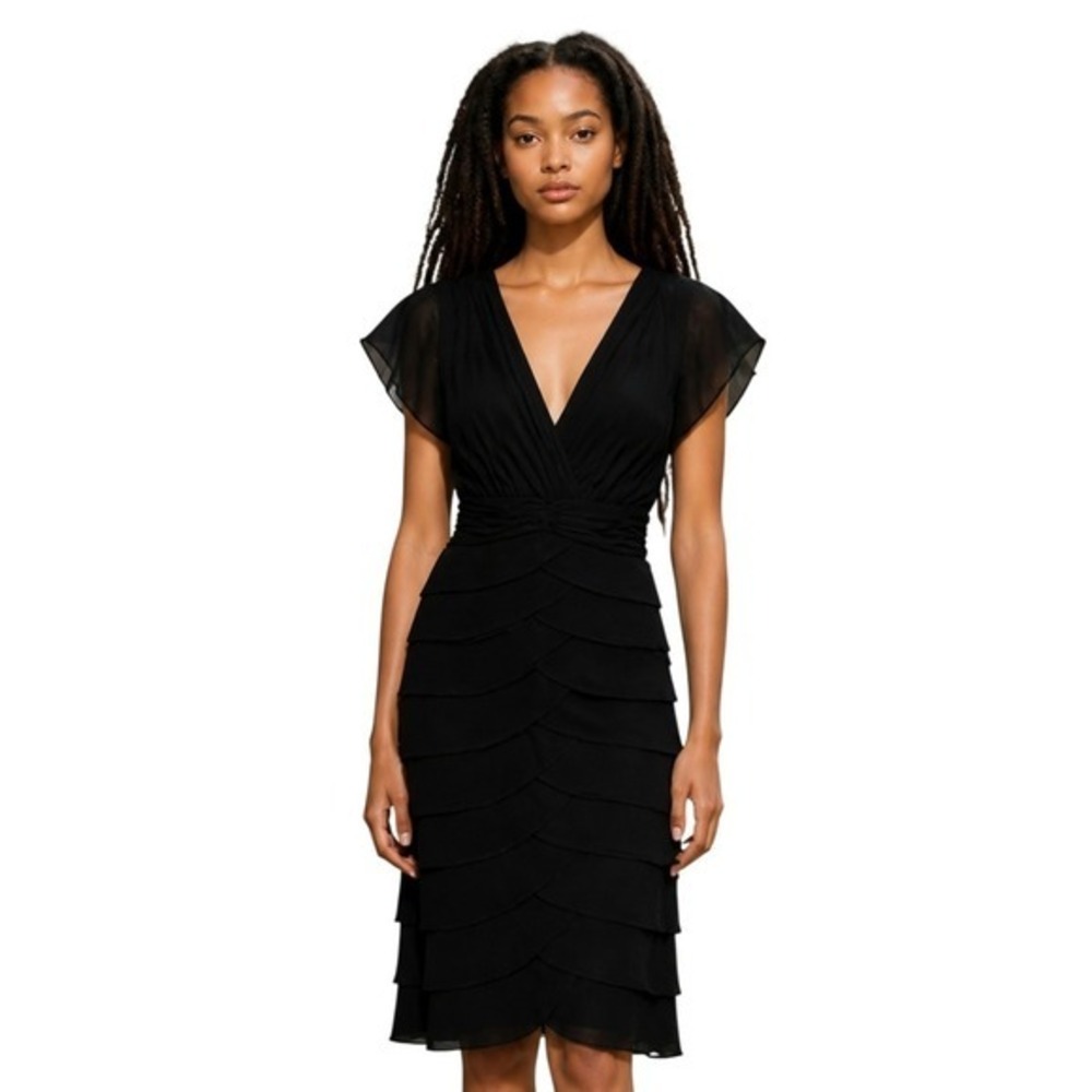 Scarlett Nite Black Tiered V-Neck Flutter Sleeve Cocktail Dress Size 8